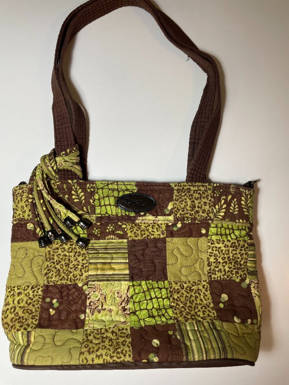 Donna Sharp Green Brown Quilted Shoulder Bag Purse Multi‑Pocket Great Condition